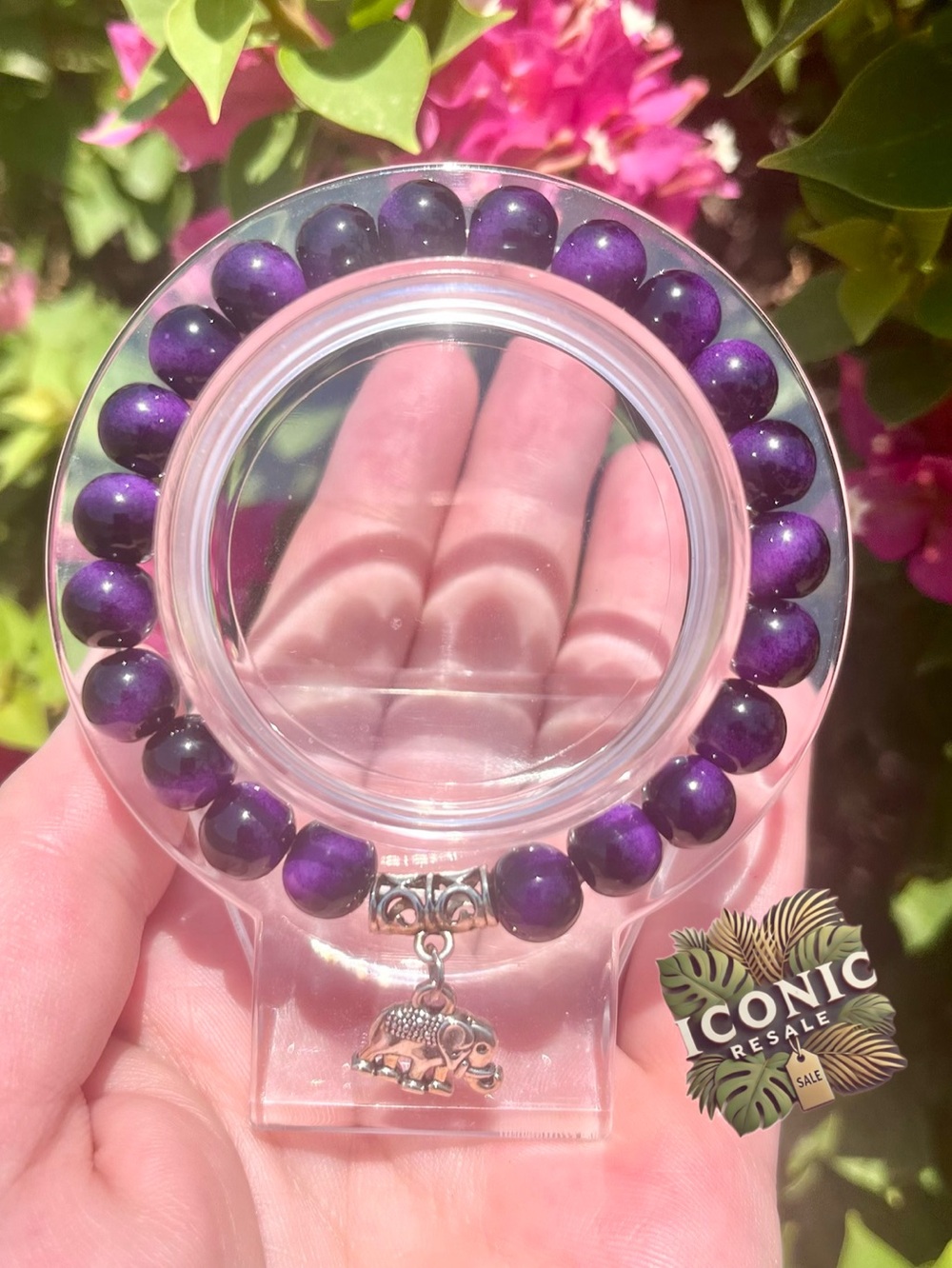 Purple & Black Ombré Glass Beaded Bracelet With Elephant Charm NWOT